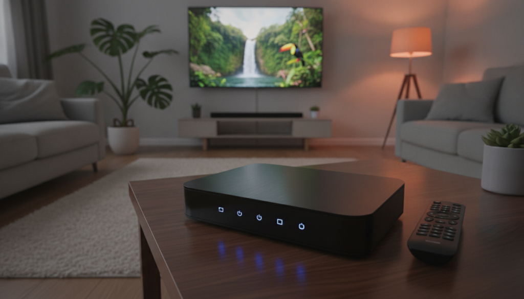 A modern IPTV device displayed prominently in the foreground, featuring sleek, minimalist design with illuminated buttons and a remote control. The device is placed on a polished wooden table, reflecting a warm ambient glow from a nearby lamp. In the middle ground, a high-definition TV screen showcases vibrant streaming content, highlighting the clarity and quality of IPTV channels. The background includes a cozy living room setting, with comfortable furniture and a few decorative plants, evoking a welcoming atmosphere. Soft, even lighting enhances the colors and textures of the scene, shot from a slightly elevated angle to emphasize the device and its capabilities. The mood is relaxed and modern, appealing to tech-savvy viewers interested in home entertainment solutions. A modern IPTV device displayed prominently in the foreground, featuring sleek, minimalist design with illuminated buttons and a remote control. The device is placed on a polished wooden table, reflecting a warm ambient glow from a nearby lamp. In the middle ground, a high-definition TV screen showcases vibrant streaming content, highlighting the clarity and quality of IPTV channels. The background includes a cozy living room setting, with comfortable furniture and a few decorative plants, evoking a welcoming atmosphere. Soft, even lighting enhances the colors and textures of the scene, shot from a slightly elevated angle to emphasize the device and its capabilities. The mood is relaxed and modern, appealing to tech-savvy viewers interested in home entertainment solutions.