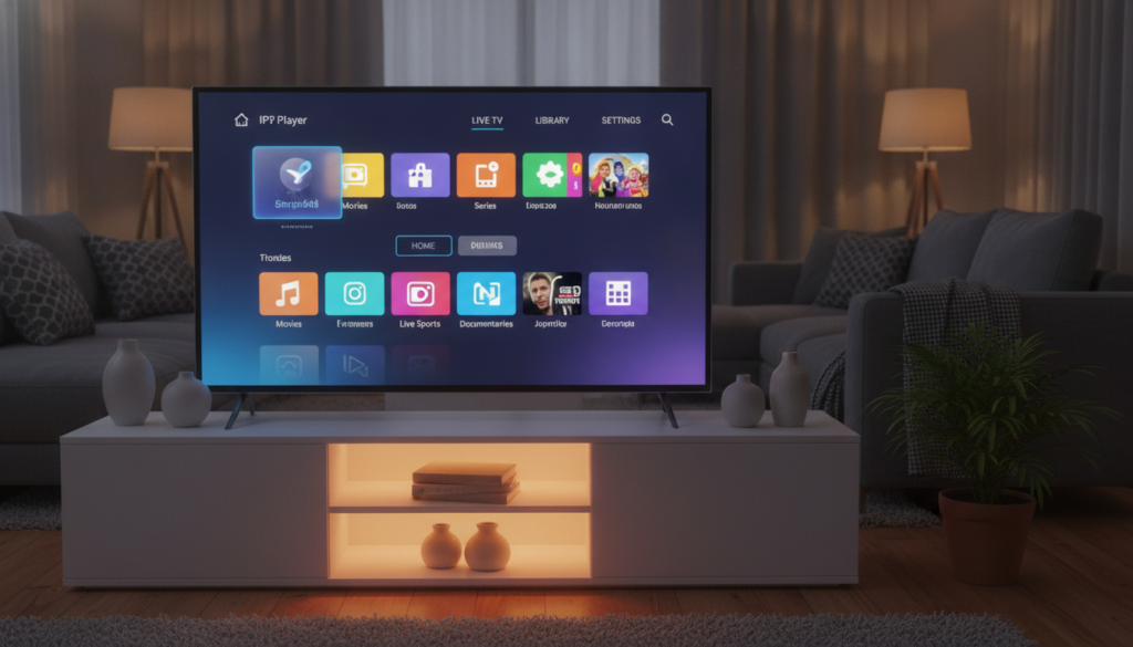 A modern IPTV player interface displayed on a sleek, high-resolution smart TV in a cozy living room setting. In the foreground, the TV screen showcases vibrant streaming channel options with colorful thumbnails. The middle layer features a stylish entertainment center with decorative elements and subtle ambient lighting casting a warm glow around the room. The background includes a comfortable couch and softly lit lamps, enhancing the inviting feel of the space. Use a wide-angle lens perspective to capture the entire scene, highlighting the technological aspect of IPTV in a home environment. The mood should be relaxed and inviting, reflecting the convenience of accessing favorite channels effortlessly. A modern IPTV player interface displayed on a sleek, high-resolution smart TV in a cozy living room setting. In the foreground, the TV screen showcases vibrant streaming channel options with colorful thumbnails. The middle layer features a stylish entertainment center with decorative elements and subtle ambient lighting casting a warm glow around the room. The background includes a comfortable couch and softly lit lamps, enhancing the inviting feel of the space. Use a wide-angle lens perspective to capture the entire scene, highlighting the technological aspect of IPTV in a home environment. The mood should be relaxed and inviting, reflecting the convenience of accessing favorite channels effortlessly.