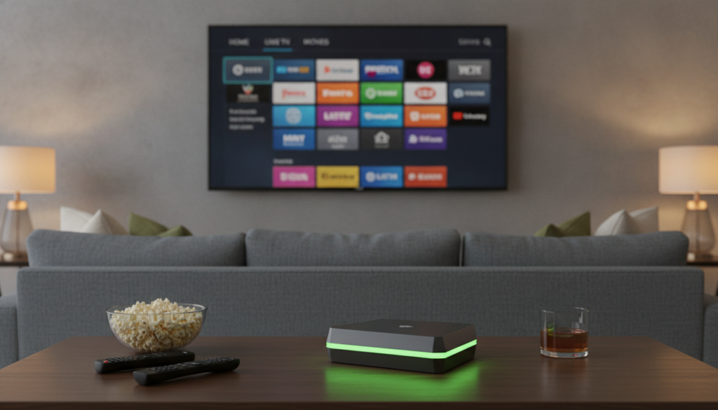 A modern Nvidia Shield IPTV player prominently displayed in the foreground, showcasing its sleek design and LED lights glowing softly. In the middle ground, a high-definition television screen displays a visually appealing IPTV interface with vibrant colors and channel icons, emphasizing an organized layout. The background features a cozy living room setup with warm lighting, including a stylish sofa and a coffee table cluttered with remote controls and snacks, creating an inviting atmosphere. The scene is captured from a slightly elevated angle, with a shallow depth of field to focus on the IPTV player and its features. The overall mood is one of relaxation and contemporary entertainment. A modern Nvidia Shield IPTV player prominently displayed in the foreground, showcasing its sleek design and LED lights glowing softly. In the middle ground, a high-definition television screen displays a visually appealing IPTV interface with vibrant colors and channel icons, emphasizing an organized layout. The background features a cozy living room setup with warm lighting, including a stylish sofa and a coffee table cluttered with remote controls and snacks, creating an inviting atmosphere. The scene is captured from a slightly elevated angle, with a shallow depth of field to focus on the IPTV player and its features. The overall mood is one of relaxation and contemporary entertainment.