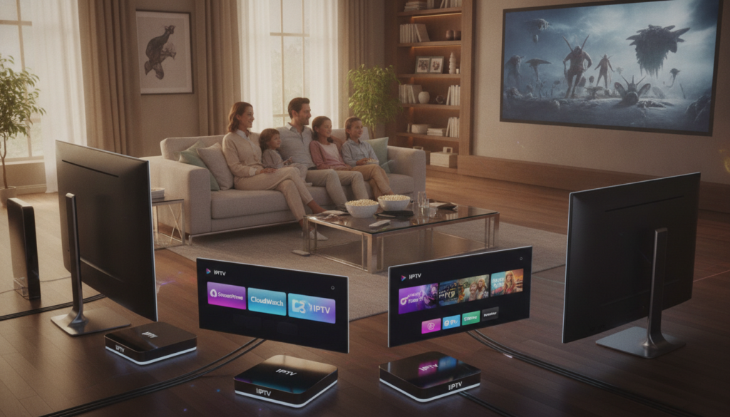 A modern digital landscape showcasing the top IPTV providers in the U.S. in a visually engaging manner. In the foreground, display sleek, futuristic devices like smart TVs and streaming boxes, elegantly arranged with vibrant screens showing popular streaming platforms. In the middle ground, include a stylish living room with a family enjoying a movie night, wearing casual yet smart attire, to reflect comfort and connectivity. The background features a warm, inviting home environment with soft lighting that creates an appealing atmosphere. Use a slightly elevated angle to capture depth and detail. The overall mood should convey a sense of modern entertainment technology's accessibility and enjoyment, inviting viewers to explore the world of IPTV. A modern digital landscape showcasing the top IPTV providers in the U.S. in a visually engaging manner. In the foreground, display sleek, futuristic devices like smart TVs and streaming boxes, elegantly arranged with vibrant screens showing popular streaming platforms. In the middle ground, include a stylish living room with a family enjoying a movie night, wearing casual yet smart attire, to reflect comfort and connectivity. The background features a warm, inviting home environment with soft lighting that creates an appealing atmosphere. Use a slightly elevated angle to capture depth and detail. The overall mood should convey a sense of modern entertainment technology's accessibility and enjoyment, inviting viewers to explore the world of IPTV.