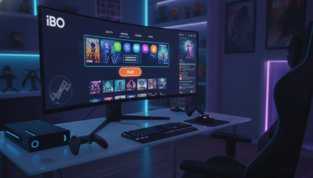 A modern gaming interface displayed on a sleek, high-resolution monitor in a well-organized gaming setup. In the foreground, focus on the vibrant user-friendly interface of the IBO player, showcasing intuitive navigation, colorful icons, and interactive elements designed for easy access. The middle ground features a stylish gaming desk with a gaming console and controllers, placed neatly next to the monitor. In the background, soft ambient lighting creates a cozy atmosphere, with LED lights illuminating the space in cool tones. The angle is slightly tilted from above, providing a comprehensive view of the entire setup. The mood is inviting and energetic, encouraging an immersive gaming experience. A modern gaming interface displayed on a sleek, high-resolution monitor in a well-organized gaming setup. In the foreground, focus on the vibrant user-friendly interface of the IBO player, showcasing intuitive navigation, colorful icons, and interactive elements designed for easy access. The middle ground features a stylish gaming desk with a gaming console and controllers, placed neatly next to the monitor. In the background, soft ambient lighting creates a cozy atmosphere, with LED lights illuminating the space in cool tones. The angle is slightly tilted from above, providing a comprehensive view of the entire setup. The mood is inviting and energetic, encouraging an immersive gaming experience.