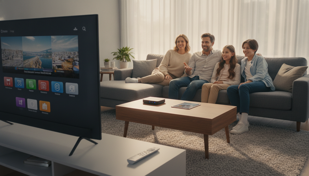 A modern home entertainment setup showcasing IPTV streaming solutions in a cozy living room. In the foreground, a sleek smart TV displays various streaming app icons, prominently featuring vibrant, high-definition visuals. A stylish coffee table is adorned with an IPTV set-top box and a remote control, hinting at convenience. The middle ground includes a comfortable sofa with a relaxed family enjoying diverse content on the TV, dressed in casual yet polished clothing for a professional vibe. In the background, a large window lets in warm, natural light, illuminating the space and creating an inviting atmosphere. The overall mood is one of enjoyment and modern technology, with a focus on the advantages of IPTV streaming—flexibility, variety, and quality entertainment. A modern home entertainment setup showcasing IPTV streaming solutions in a cozy living room. In the foreground, a sleek smart TV displays various streaming app icons, prominently featuring vibrant, high-definition visuals. A stylish coffee table is adorned with an IPTV set-top box and a remote control, hinting at convenience. The middle ground includes a comfortable sofa with a relaxed family enjoying diverse content on the TV, dressed in casual yet polished clothing for a professional vibe. In the background, a large window lets in warm, natural light, illuminating the space and creating an inviting atmosphere. The overall mood is one of enjoyment and modern technology, with a focus on the advantages of IPTV streaming—flexibility, variety, and quality entertainment.