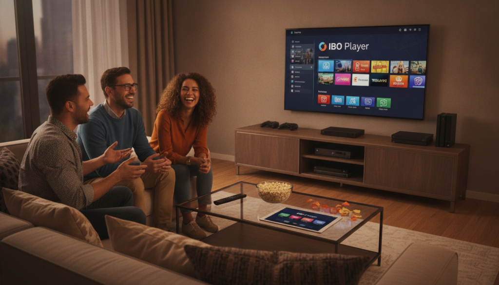 A modern living room featuring a sleek TV displaying the IBO Player IPTV interface. In the foreground, a stylish coffee table with a remote control, snacks, and a tablet showcasing IPTV features. In the middle, a comfortable sofa with plush cushions, where a diverse group of friends—two men and one woman, all dressed in smart casual attire—are engaged in an animated discussion while watching the screen. The background includes an entertainment unit with various devices, and soft ambient lighting creating a cozy atmosphere. The scene conveys a sense of enjoyment, modern technology, and social interaction, emphasizing the vibrant viewing experience offered by IBO Player IPTV. The composition uses a warm color palette, ideal for illustrating a contemporary home setting. A modern living room featuring a sleek TV displaying the IBO Player IPTV interface. In the foreground, a stylish coffee table with a remote control, snacks, and a tablet showcasing IPTV features. In the middle, a comfortable sofa with plush cushions, where a diverse group of friends—two men and one woman, all dressed in smart casual attire—are engaged in an animated discussion while watching the screen. The background includes an entertainment unit with various devices, and soft ambient lighting creating a cozy atmosphere. The scene conveys a sense of enjoyment, modern technology, and social interaction, emphasizing the vibrant viewing experience offered by IBO Player IPTV. The composition uses a warm color palette, ideal for illustrating a contemporary home setting.