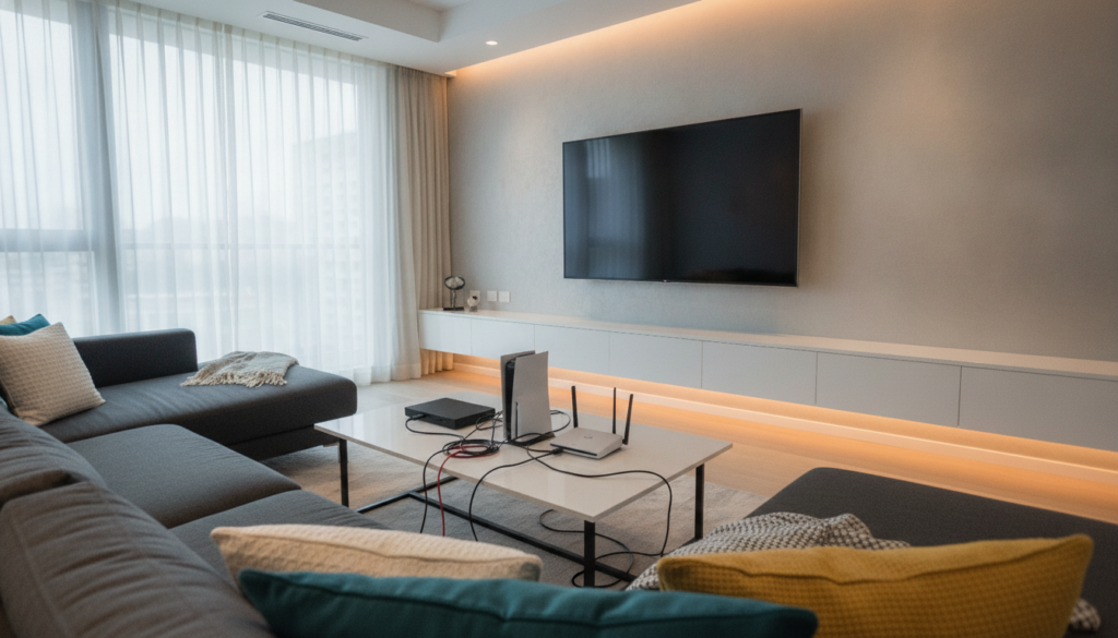 A modern living room featuring a sleek, high-tech smart TV prominently displayed on a minimalist wall unit. In the foreground, a stylish coffee table holds various streaming devices, such as a set-top box and a gaming console, connected with visible HDMI cables. The middle space should include a comfortable sofa adorned with cushions, inviting viewers to envision a cozy entertainment environment. In the background, soft ambient lighting creates a warm atmosphere, with a large window allowing natural light to filter in. Use a wide-angle lens effect to capture the entire scene from a slightly low angle, emphasizing the smart TV as the focal point. The mood should convey a sense of modern convenience and technology, appealing to viewers interested in IPTV compatibility.