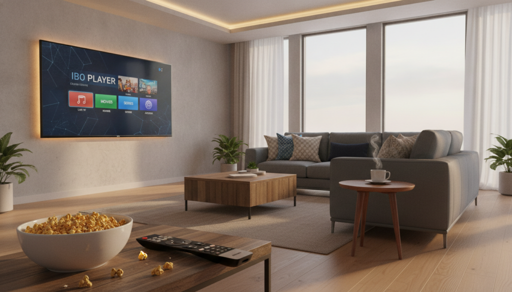A modern living room scene featuring a stylish flat-screen TV displaying the IBO Player interface. In the foreground, a remote control rests on a coffee table, next to a bowl of popcorn. The middle ground shows a cozy sofa with tasteful cushions and a side table with a steaming cup of coffee. The background reveals large windows allowing warm natural light to illuminate the space, creating an inviting atmosphere. Soft, ambient lighting enhances the cozy feel while shadows add depth. The scene captures the essence of relaxation and entertainment, reflecting the innovative concept of IPTV in a contemporary American home. The style is vibrant and engaging, with a clear focus on the IPTV experience. A modern living room scene featuring a stylish flat-screen TV displaying the IBO Player interface. In the foreground, a remote control rests on a coffee table, next to a bowl of popcorn. The middle ground shows a cozy sofa with tasteful cushions and a side table with a steaming cup of coffee. The background reveals large windows allowing warm natural light to illuminate the space, creating an inviting atmosphere. Soft, ambient lighting enhances the cozy feel while shadows add depth. The scene captures the essence of relaxation and entertainment, reflecting the innovative concept of IPTV in a contemporary American home. The style is vibrant and engaging, with a clear focus on the IPTV experience.