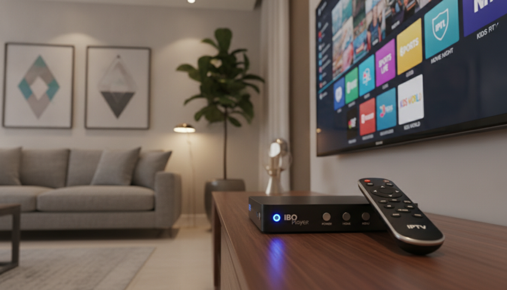 A modern living room scene featuring an IBO Player IPTV device prominently displayed on a sleek entertainment center. The foreground showcases the device with glowing LED lights, buttons, and a detailed remote control. In the middle ground, an elegant flat-screen TV, displaying a vibrant selection of IPTV channels, captures the viewer's attention. The background includes stylish decor, such as potted plants and framed artwork, creating a cozy atmosphere. Soft, warm lighting casts gentle shadows, enhancing the inviting mood. A low-angle perspective emphasizes the device, showcasing its importance in the setting. The overall feel is contemporary and sophisticated, perfect for illustrating the functionality of IPTV services offered by IBO Player. A modern living room scene featuring an IBO Player IPTV device prominently displayed on a sleek entertainment center. The foreground showcases the device with glowing LED lights, buttons, and a detailed remote control. In the middle ground, an elegant flat-screen TV, displaying a vibrant selection of IPTV channels, captures the viewer's attention. The background includes stylish decor, such as potted plants and framed artwork, creating a cozy atmosphere. Soft, warm lighting casts gentle shadows, enhancing the inviting mood. A low-angle perspective emphasizes the device, showcasing its importance in the setting. The overall feel is contemporary and sophisticated, perfect for illustrating the functionality of IPTV services offered by IBO Player.