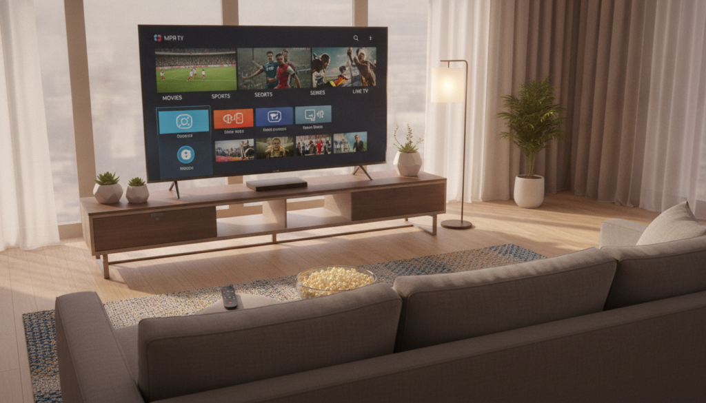 A modern living room scene showcasing a smart TV displaying various IPTV streaming options, such as movies and sports channels. In the foreground, a comfortable sofa with a remote control and popcorn bowl rests on a stylish rug. In the middle, a sleek TV stand adorned with a streaming device and decorative plants, accented by soft ambient lighting from a nearby lamp. In the background, a large window letting in warm sunlight, casting gentle shadows around the room. The mood is inviting and contemporary, highlighting the convenience of IPTV services. Use a slightly wide-angle lens effect to capture the entire setting, ensuring a bright and welcoming atmosphere.