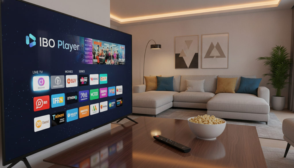 A modern living room setting demonstrating IPTV streaming features prominently. In the foreground, a sleek television displays a vibrant interface of the IBO Player showcasing various channels and content options. A remote control lies on the stylish coffee table, along with a bowl of popcorn, indicating a cozy viewing experience. In the middle ground, a comfortable sofa with plush cushions invites relaxation, with a stylish floor lamp gently illuminating the space. The background features a minimalistic decor with artful wall designs and soft, warm lighting to create an inviting atmosphere. The image is captured from a slightly elevated angle to emphasize the television and the inviting furnishings, conveying a sense of modernity and comfort in home entertainment. A modern living room setting demonstrating IPTV streaming features prominently. In the foreground, a sleek television displays a vibrant interface of the IBO Player showcasing various channels and content options. A remote control lies on the stylish coffee table, along with a bowl of popcorn, indicating a cozy viewing experience. In the middle ground, a comfortable sofa with plush cushions invites relaxation, with a stylish floor lamp gently illuminating the space. The background features a minimalistic decor with artful wall designs and soft, warm lighting to create an inviting atmosphere. The image is captured from a slightly elevated angle to emphasize the television and the inviting furnishings, conveying a sense of modernity and comfort in home entertainment.