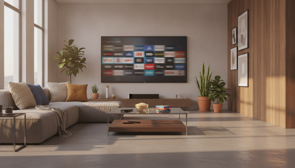 A modern living room setting featuring a large flat-screen TV streaming content, showcasing various renowned television channel logos flickering on the screen. In the foreground, a sleek, stylish coffee table with remote controls and snacks, creating a cozy viewing atmosphere. The middle ground includes a comfortable sofa with plush cushions, inviting viewers to relax. Natural light streams through expansive windows, casting soft shadows and enhancing the warmth of the space. The background features tasteful decor, with framed art and plants adding a touch of elegance. The mood is inviting and engaging, highlighting the convenience and enjoyment of IPTV streaming in a contemporary home environment. A modern living room setting featuring a large flat-screen TV streaming content, showcasing various renowned television channel logos flickering on the screen. In the foreground, a sleek, stylish coffee table with remote controls and snacks, creating a cozy viewing atmosphere. The middle ground includes a comfortable sofa with plush cushions, inviting viewers to relax. Natural light streams through expansive windows, casting soft shadows and enhancing the warmth of the space. The background features tasteful decor, with framed art and plants adding a touch of elegance. The mood is inviting and engaging, highlighting the convenience and enjoyment of IPTV streaming in a contemporary home environment.