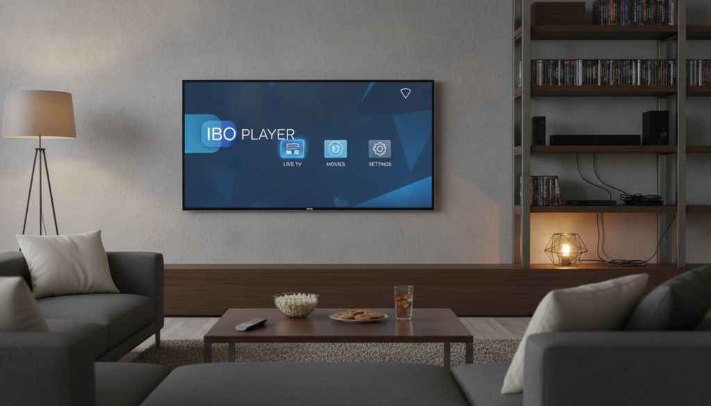 A modern living room setting featuring a sleek TV displaying the IBO Player interface, showcasing IPTV streaming options. In the foreground, a comfortable couch with neatly arranged cushions invites viewers to relax. A remote control rests casually on the coffee table, surrounded by snacks and drinks, hinting at a cozy viewing experience. In the middle ground, soft ambient lighting emanates from stylish lamps, creating a warm and inviting atmosphere. The background includes a bookshelf filled with DVDs and tech gadgets, emphasizing a blend of traditional and modern entertainment. The room is well-organized and exudes a sense of modern comfort, making it ideal for an evening of uninterrupted streaming. The scene is captured with a slight depth of field, focusing on the TV while softly blurring the surroundings, heightening the mood of leisure and enjoyment. A modern living room setting featuring a sleek TV displaying the IBO Player interface, showcasing IPTV streaming options. In the foreground, a comfortable couch with neatly arranged cushions invites viewers to relax. A remote control rests casually on the coffee table, surrounded by snacks and drinks, hinting at a cozy viewing experience. In the middle ground, soft ambient lighting emanates from stylish lamps, creating a warm and inviting atmosphere. The background includes a bookshelf filled with DVDs and tech gadgets, emphasizing a blend of traditional and modern entertainment. The room is well-organized and exudes a sense of modern comfort, making it ideal for an evening of uninterrupted streaming. The scene is captured with a slight depth of field, focusing on the TV while softly blurring the surroundings, heightening the mood of leisure and enjoyment.