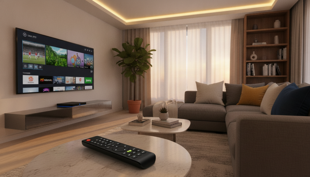 A modern living room setting featuring a sleek television displaying various IPTV channels, showcasing colorful and dynamic content. In the foreground, a remote control with clear buttons symbolizes user interaction. The middle ground includes a stylish streaming device connected to the TV, surrounded by a cozy sofa and decorative elements like plants and books, creating a welcoming atmosphere. In the background, soft warm lighting enhances the comfort of the room, casting gentle shadows. The lens captures the scene from a slightly elevated angle, adding depth. The overall mood is inviting and tech-savvy, emphasizing the seamless integration of IPTV technology in everyday life.