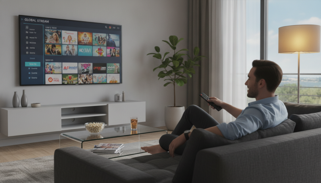 A modern living room setting showcasing a sleek TV mounted on the wall, displaying an IPTV interface with vibrant thumbnails of various channels. In the foreground, a person in business casual attire, relaxed on a sofa, holding a remote control and looking content while browsing through the IPTV options. Soft, warm lighting from a nearby lamp creates an inviting atmosphere, with a few potted plants adding life to the scene. The background features a coffee table adorned with snacks and drinks, and a window letting in natural light, hinting at a sunny day outside. The overall mood conveys comfort, convenience, and the benefits of enjoying a wide range of entertainment from home.