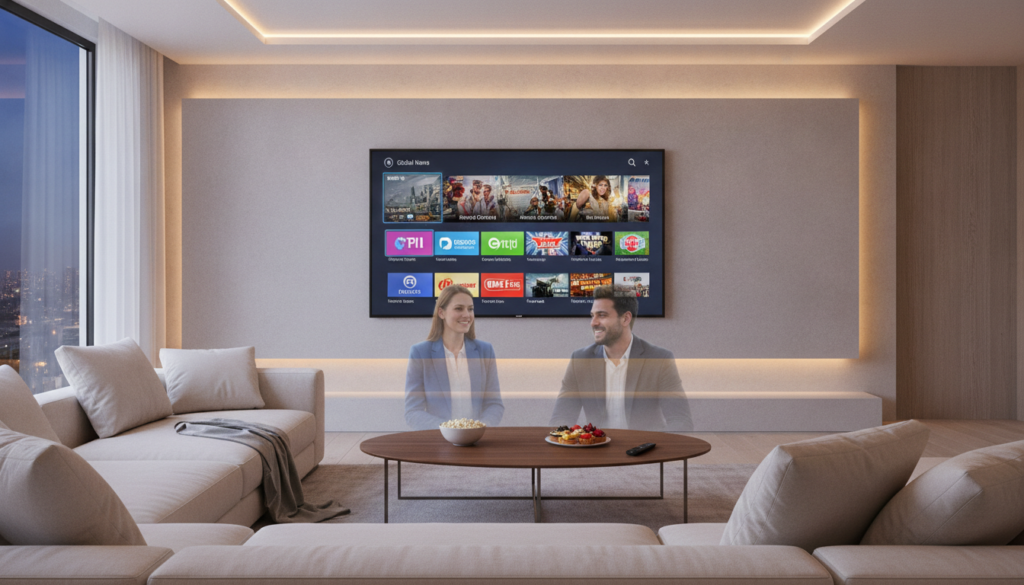 A modern living room setting with a sleek, large flat-screen television prominently displaying an IPTV streaming interface featuring vibrant, high-quality channels. In the foreground, a cozy sofa with plush cushions is accented by a stylish coffee table adorned with snacks and a remote control. The middle layer showcases a subtle reflection of people—two individuals dressed in professional business attire—happily engaged in watching their favorite shows. In the background, ambient lighting casts a warm glow, creating an inviting atmosphere, while a window reveals a serene evening view. The focus is sharp, emphasizing the clarity of the TV screen and the relaxed demeanor of the viewers, portraying the essence of reliable IPTV streaming in a homely, enjoyable environment. A modern living room setting with a sleek, large flat-screen television prominently displaying an IPTV streaming interface featuring vibrant, high-quality channels. In the foreground, a cozy sofa with plush cushions is accented by a stylish coffee table adorned with snacks and a remote control. The middle layer showcases a subtle reflection of people—two individuals dressed in professional business attire—happily engaged in watching their favorite shows. In the background, ambient lighting casts a warm glow, creating an inviting atmosphere, while a window reveals a serene evening view. The focus is sharp, emphasizing the clarity of the TV screen and the relaxed demeanor of the viewers, portraying the essence of reliable IPTV streaming in a homely, enjoyable environment.