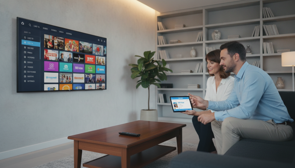 A modern living room setting with a sleek television displaying an IPTV streaming interface, such as vibrant program thumbnails and channel options. In the foreground, a stylish coffee table holds a remote control and a digital tablet showing the IBO Player app. In the middle, a comfortable sofa with two people in smart casual attire, intently exploring IPTV options on the tablet, creating an atmosphere of leisure and technology. The background features soft ambient lighting and decorative elements like plants and bookshelves to enhance the cozy, modern vibe. The overall mood is inviting and informative, reflecting the ease of setting up IPTV on IBO Player. Use a wide-angle lens perspective to capture the entire scene clearly, with soft focus on the background to emphasize the subjects and the TV. A modern living room setting with a sleek television displaying an IPTV streaming interface, such as vibrant program thumbnails and channel options. In the foreground, a stylish coffee table holds a remote control and a digital tablet showing the IBO Player app. In the middle, a comfortable sofa with two people in smart casual attire, intently exploring IPTV options on the tablet, creating an atmosphere of leisure and technology. The background features soft ambient lighting and decorative elements like plants and bookshelves to enhance the cozy, modern vibe. The overall mood is inviting and informative, reflecting the ease of setting up IPTV on IBO Player. Use a wide-angle lens perspective to capture the entire scene clearly, with soft focus on the background to emphasize the subjects and the TV.