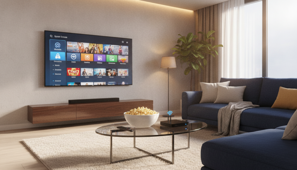 A modern living room setup showcasing IPTV technology. In the foreground, a sleek flat-screen television displaying a vibrant interface of various streaming options, with colorful icons and thumbnails of popular shows. In the middle, a contemporary coffee table adorned with a remote control, popcorn bowl, and an IPTV set-top box, signifying ease of access to digital content. The background features a cozy, well-lit room with inviting furniture and a large window letting in soft, natural light. The atmosphere is relaxed and comfortable, reflecting a typical family viewing experience. Capture the scene from a slightly elevated angle, enhancing depth, and use warm lighting to create a welcoming vibe. A modern living room setup showcasing IPTV technology. In the foreground, a sleek flat-screen television displaying a vibrant interface of various streaming options, with colorful icons and thumbnails of popular shows. In the middle, a contemporary coffee table adorned with a remote control, popcorn bowl, and an IPTV set-top box, signifying ease of access to digital content. The background features a cozy, well-lit room with inviting furniture and a large window letting in soft, natural light. The atmosphere is relaxed and comfortable, reflecting a typical family viewing experience. Capture the scene from a slightly elevated angle, enhancing depth, and use warm lighting to create a welcoming vibe.