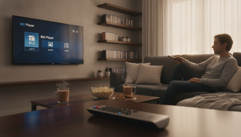 A modern living room setup showcasing a sleek television set displaying the IBO Player IPTV interface. In the foreground, a remote control rests on a stylish coffee table, surrounded by snacks, evoking a cozy viewing atmosphere. The middle ground features a comfortable couch with plush cushions, where a family member in professional casual attire is seated, eagerly interacting with the remote. The background includes shelves with neatly arranged DVDs and a window letting in warm, natural light, creating an inviting mood. The scene is captured with a slight angle to emphasize the connection between the viewer and the screen, enhancing the immersive feel of the IPTV experience. Soft, warm lighting enhances the inviting ambiance while ensuring clarity of the displayed content. A modern living room setup showcasing a sleek television set displaying the IBO Player IPTV interface. In the foreground, a remote control rests on a stylish coffee table, surrounded by snacks, evoking a cozy viewing atmosphere. The middle ground features a comfortable couch with plush cushions, where a family member in professional casual attire is seated, eagerly interacting with the remote. The background includes shelves with neatly arranged DVDs and a window letting in warm, natural light, creating an inviting mood. The scene is captured with a slight angle to emphasize the connection between the viewer and the screen, enhancing the immersive feel of the IPTV experience. Soft, warm lighting enhances the inviting ambiance while ensuring clarity of the displayed content.
