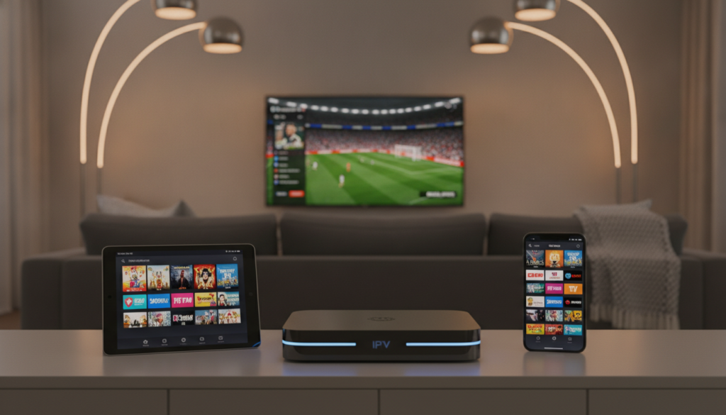 A modern living room showcasing a variety of IPTV devices neatly arranged on a sleek, minimalist entertainment unit. In the foreground, a smart IPTV streaming box is prominently displayed with glowing LED indicators. To the sides, a tablet and a smartphone, both showing vibrant interfaces for IPTV applications. In the middle ground, a high-definition television features a stunning image displayed, illustrating visually appealing content. The background includes soft ambient lighting from stylish floor lamps and a cozy sofa, creating a warm and inviting atmosphere. The composition uses a shallow depth of field to focus on the IPTV devices, with soft bokeh effects in the background, emphasizing a cutting-edge and tech-savvy vibe.