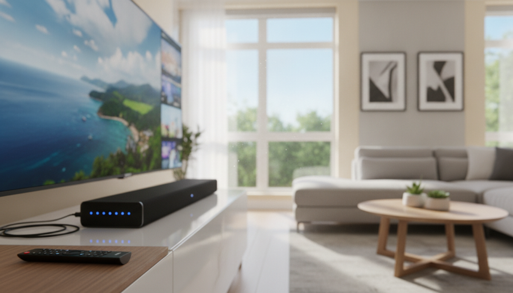 A modern living room showcasing essential IPTV streaming solutions. In the foreground, a sleek, high-definition smart TV displays vibrant streaming content, with a remote control resting beside it. The middle ground features a stylish media console adorned with a streaming device, a soundbar, and neatly arranged cables, contributing to an organized appearance. In the background, large windows allow natural light to flood the room, enhancing the warm, inviting atmosphere. The walls are painted in soft, neutral tones, decorated with minimalistic art. The scene is captured with a shallow depth of field, creating a professional, polished look that emphasizes the equipment. The lighting is bright and sunny, exuding a sense of comfort and modernity, perfect for enjoying premium entertainment.