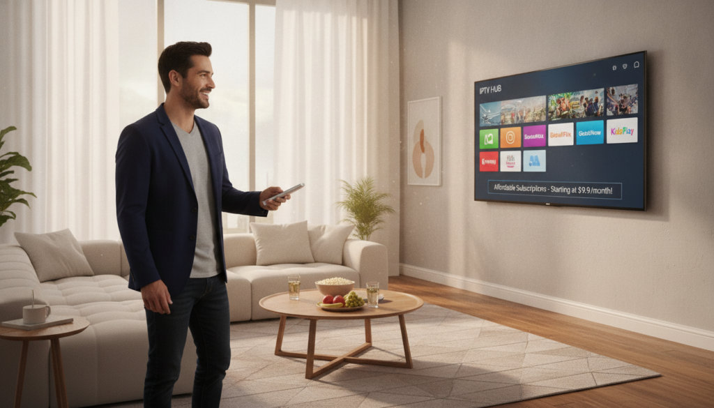 A modern living room with a large flat-screen TV displaying various streaming applications, showcasing a user-friendly IPTV interface. In the foreground, a professional-looking individual in smart casual attire navigates the IPTV menu with a remote, smiling as they discover affordable subscription options. The middle ground features comfortable furniture, a stylish coffee table with snacks, and a subtle décor that reflects a welcoming, relaxing atmosphere. In the background, large windows let in warm natural light, illuminating the room and creating a cozy vibe. The overall mood is vibrant and inviting, emphasizing the convenience and value of IPTV subscriptions over traditional cable television, captured from a slightly angled view to highlight the technology and the individual’s engagement.