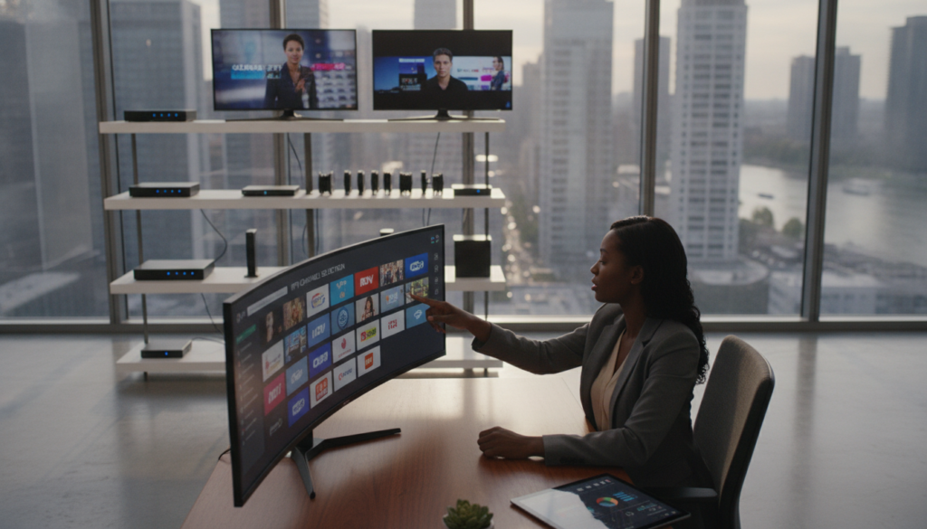 A modern, sleek office environment showcasing a professional IPTV service provider at work. In the foreground, a well-dressed businessperson, a diverse woman in a smart blazer, is seated at a stylish desk with a large computer monitor displaying IPTV channel options. The middle ground features shelves with various digital devices like streaming boxes and televisions, all elegantly arranged. The background shows a large window with dynamic city views, letting in natural light, enhancing the energetic atmosphere. The lighting is bright and inviting, creating a sense of innovation and professionalism. The camera angle is slightly tilted from above, emphasizing the technology and the serious yet enthusiastic approach to choosing the right IPTV provider. A modern, sleek office environment showcasing a professional IPTV service provider at work. In the foreground, a well-dressed businessperson, a diverse woman in a smart blazer, is seated at a stylish desk with a large computer monitor displaying IPTV channel options. The middle ground features shelves with various digital devices like streaming boxes and televisions, all elegantly arranged. The background shows a large window with dynamic city views, letting in natural light, enhancing the energetic atmosphere. The lighting is bright and inviting, creating a sense of innovation and professionalism. The camera angle is slightly tilted from above, emphasizing the technology and the serious yet enthusiastic approach to choosing the right IPTV provider.