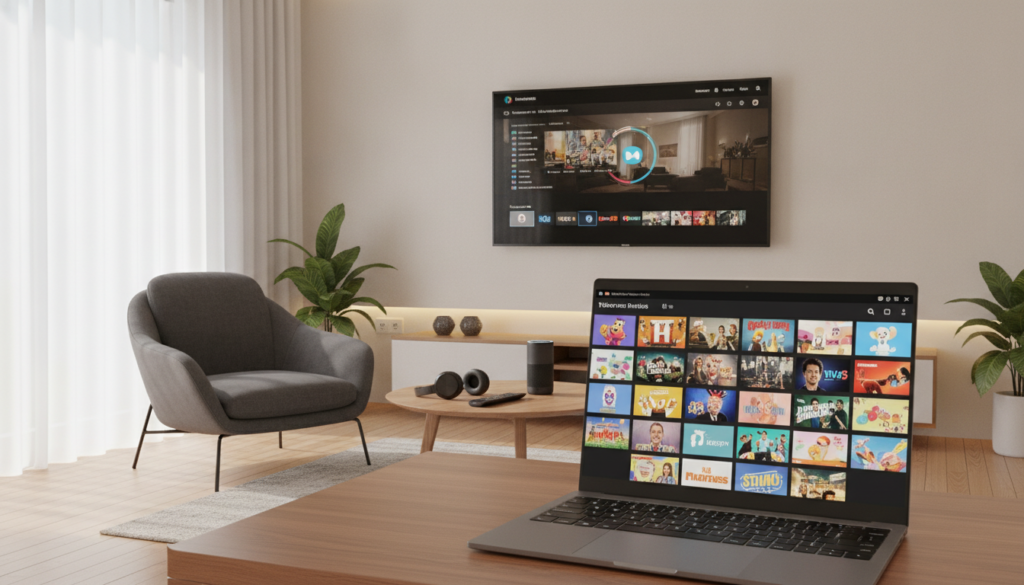 A modern, visually engaging workspace illustrating IPTV streaming basics. In the foreground, a sleek laptop with a vibrant screen displaying various IPTV channels, showcasing colorful thumbnails of popular shows. The middle layer highlights a comfortable, stylish armchair and a coffee table adorned with a smart TV remote and tech gadgets. The background features a large flat-screen TV mounted on a minimalist wall, reflecting a cozy living room ambiance with warm lighting. Soft, diffused light streams in from a large window, enhancing the inviting atmosphere. The overall mood is informative yet relaxed, emphasizing the connection between technology and home entertainment in a professional setting. A modern, visually engaging workspace illustrating IPTV streaming basics. In the foreground, a sleek laptop with a vibrant screen displaying various IPTV channels, showcasing colorful thumbnails of popular shows. The middle layer highlights a comfortable, stylish armchair and a coffee table adorned with a smart TV remote and tech gadgets. The background features a large flat-screen TV mounted on a minimalist wall, reflecting a cozy living room ambiance with warm lighting. Soft, diffused light streams in from a large window, enhancing the inviting atmosphere. The overall mood is informative yet relaxed, emphasizing the connection between technology and home entertainment in a professional setting.