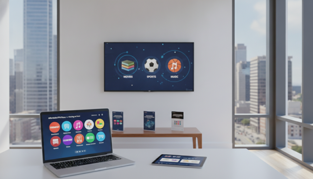 A modern, well-organized office setting showcasing a variety of affordable IPTV service options. In the foreground, a sleek, minimalist desk with a laptop displaying a streaming service interface, surrounded by colorful icons representing diverse IPTV providers. In the middle, a large screen on the wall showing vibrant graphics related to entertainment options, such as movies and sports, and a small coffee table with brochures of different IPTV plans. In the background, large windows letting in natural sunlight create a warm and inviting atmosphere, with a cityscape view highlighting the U.S. urban environment. The overall mood is professional yet approachable, emphasizing an accessible approach to technology. The lighting is bright and engaging, capturing the essence of affordable entertainment choices.