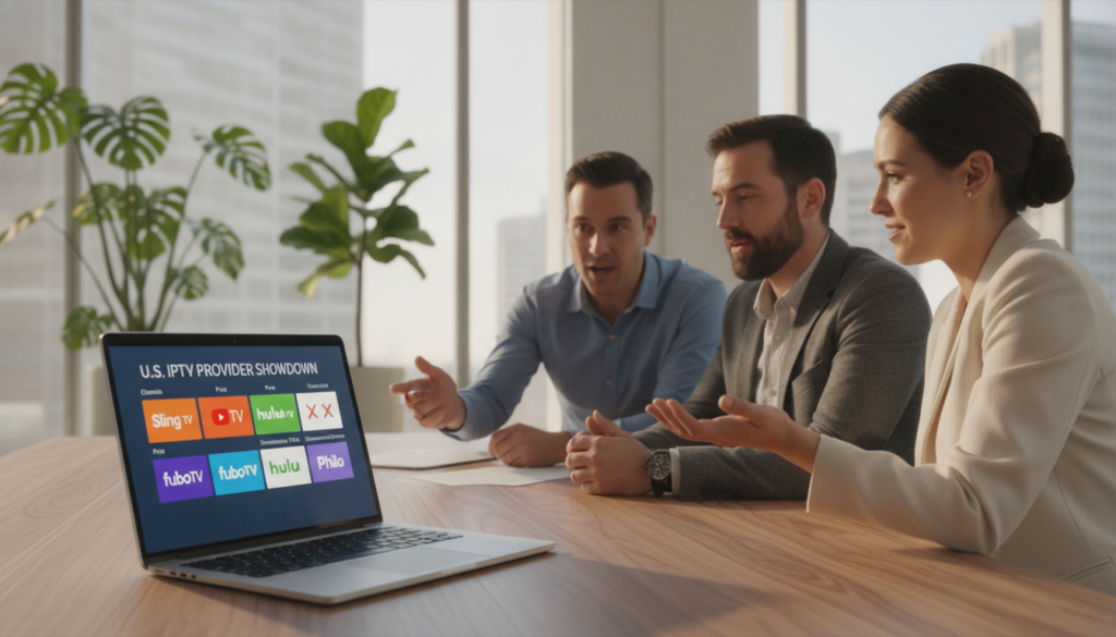 A modern workspace showcasing a comparison of top IPTV providers in the U.S. The foreground features a sleek wooden desk with a laptop open to a digital comparison chart, displaying logos of various IPTV services in vibrant colors. In the middle, a diverse group of professionals in business attire—two men and one woman—analyzing the chart, discussing animatedly. Soft, diffused lighting enhances the focus on their expressions. The background consists of a bright, contemporary office with large windows, allowing natural light to pour in, and a few green plants for a fresh touch. The overall atmosphere is one of collaboration and innovation, underscoring the vibrant and competitive nature of the IPTV market. A modern workspace showcasing a comparison of top IPTV providers in the U.S. The foreground features a sleek wooden desk with a laptop open to a digital comparison chart, displaying logos of various IPTV services in vibrant colors. In the middle, a diverse group of professionals in business attire—two men and one woman—analyzing the chart, discussing animatedly. Soft, diffused lighting enhances the focus on their expressions. The background consists of a bright, contemporary office with large windows, allowing natural light to pour in, and a few green plants for a fresh touch. The overall atmosphere is one of collaboration and innovation, underscoring the vibrant and competitive nature of the IPTV market.