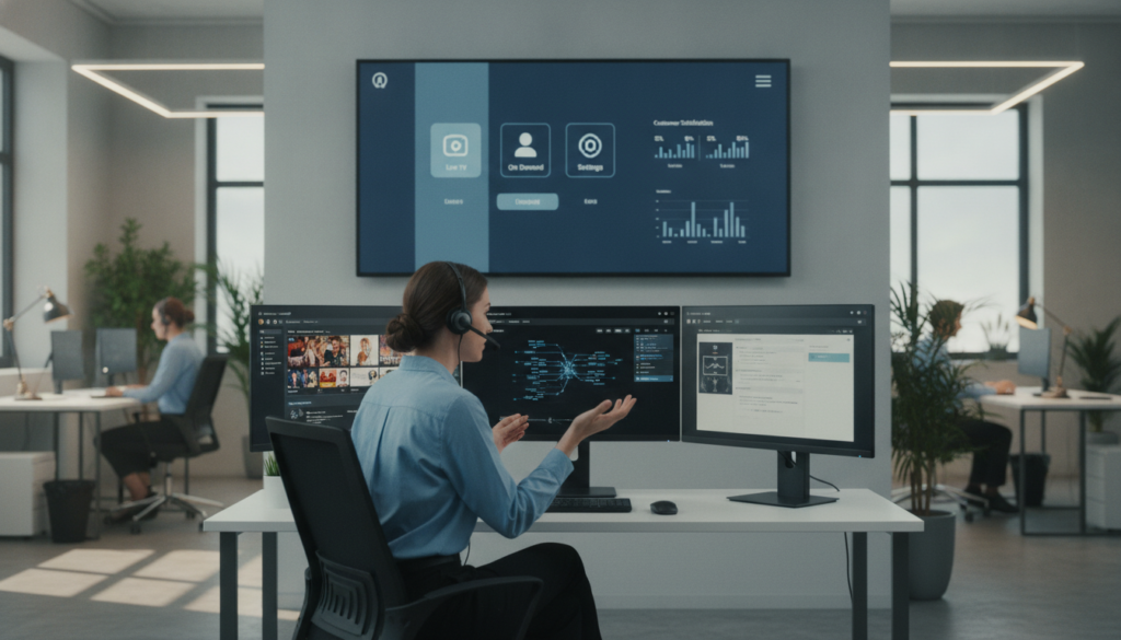 A professional IPTV technical support scene in an office setting. In the foreground, a tech support agent, dressed in business casual attire, sits at a modern desk with multiple computer monitors displaying IPTV interfaces and troubleshooting software. The agent is focused and engaged, wearing headphones and speaking to a customer. In the middle ground, a large digital screen shows an IPTV service interface with options available for customers, alongside charts indicating customer satisfaction rates. The background highlights a sleek, contemporary office environment with soft, warm lighting to create a welcoming atmosphere. The scene conveys a mood of professionalism and efficiency, emphasizing the importance of customer support in the IPTV industry. A professional IPTV technical support scene in an office setting. In the foreground, a tech support agent, dressed in business casual attire, sits at a modern desk with multiple computer monitors displaying IPTV interfaces and troubleshooting software. The agent is focused and engaged, wearing headphones and speaking to a customer. In the middle ground, a large digital screen shows an IPTV service interface with options available for customers, alongside charts indicating customer satisfaction rates. The background highlights a sleek, contemporary office environment with soft, warm lighting to create a welcoming atmosphere. The scene conveys a mood of professionalism and efficiency, emphasizing the importance of customer support in the IPTV industry.