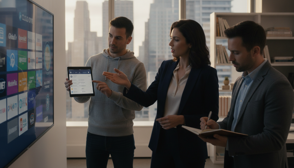 A professional office environment featuring a diverse group of three individuals engaged in a discussion about IPTV services. In the foreground, a woman in smart business attire is pointing at a large screen displaying high-quality channel logos and IPTV features. Beside her, a man in a blazer is taking notes, while another colleague, dressed casually, is actively using a tablet to showcase the interface of an IPTV application. The background has soft focus elements like shelves filled with technology books and a window showing a skyline of a modern city, bathed in warm afternoon light. The atmosphere conveys collaboration and innovation, highlighting the excitement of choosing the best IPTV service in a contemporary and engaging workspace. A professional office environment featuring a diverse group of three individuals engaged in a discussion about IPTV services. In the foreground, a woman in smart business attire is pointing at a large screen displaying high-quality channel logos and IPTV features. Beside her, a man in a blazer is taking notes, while another colleague, dressed casually, is actively using a tablet to showcase the interface of an IPTV application. The background has soft focus elements like shelves filled with technology books and a window showing a skyline of a modern city, bathed in warm afternoon light. The atmosphere conveys collaboration and innovation, highlighting the excitement of choosing the best IPTV service in a contemporary and engaging workspace.