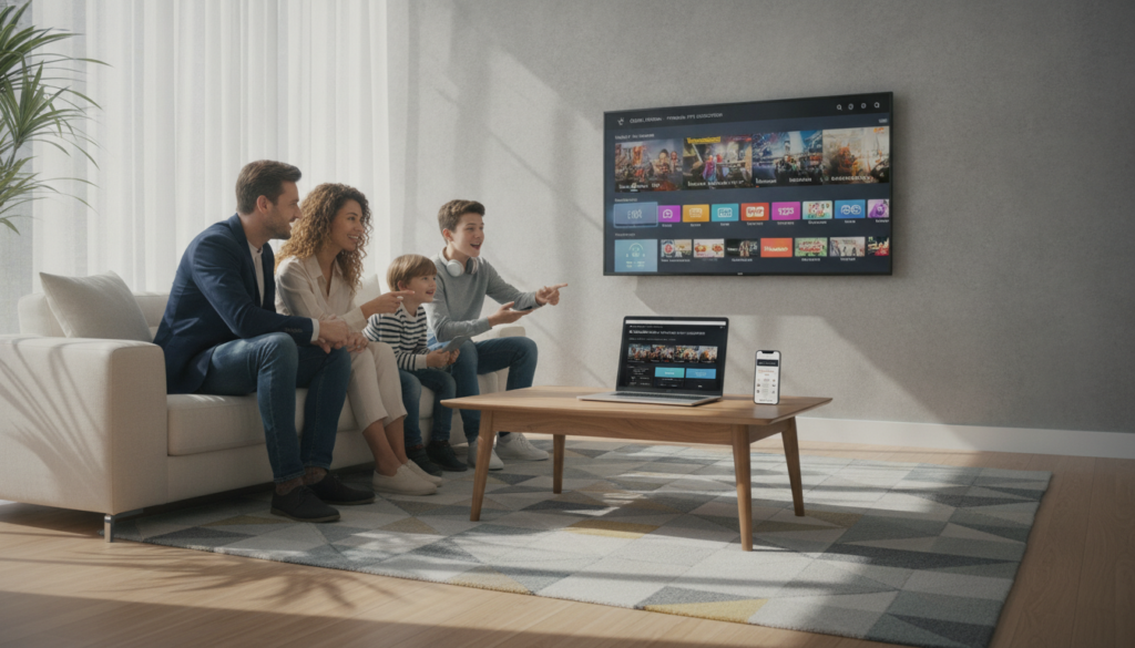 A sleek, modern living room setting showcasing a family gathered around a large television displaying vibrant IPTV streaming options. In the foreground, a coffee table features an open laptop and a smartphone displaying an IPTV subscription plan interface. The middle ground highlights the family members—a professional man and woman in smart casual attire, a child, and a teenager—all engaged and excited about their streaming choices. The background features a large, well-lit window with natural sunlight spilling into the room, creating a warm, inviting atmosphere. Soft shadows accentuate the space, while decorative plants and a stylish rug enhance the modern aesthetic. The overall mood reflects excitement and connectivity, emphasizing the benefits of IPTV in family entertainment.