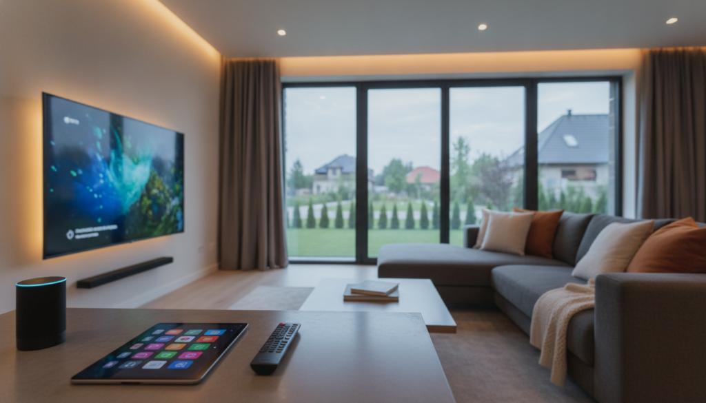 A sleek, modern living room showcasing a premium IPTV experience. In the foreground, a stylish flat-screen TV displays vibrant streaming content, surrounded by smart devices like a tablet and a remote control. In the middle, a comfortable sofa is adorned with plush cushions, evoking a cozy atmosphere. Soft ambient lighting creates a warm glow around the room, enhancing the inviting mood. In the background, large windows reveal a peaceful suburban view, indicating a serene home environment. The scene conveys sophistication and comfort, representing a top-tier IPTV provider experience. Use soft focus to highlight the foreground elements, ensuring a professional and polished look without any text, logos, or watermarks.