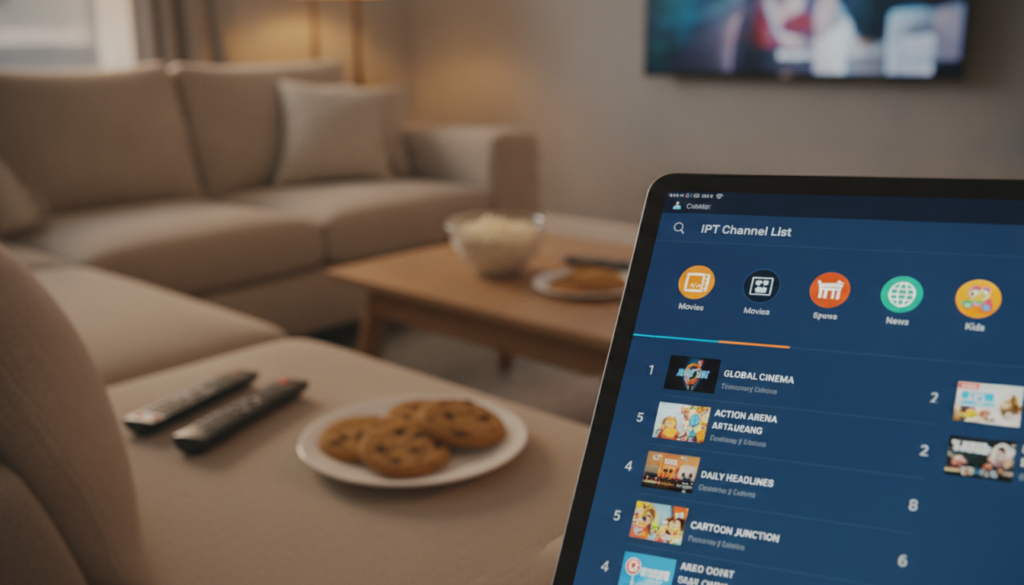 A vibrant and detailed image of an IPTV channel list displayed on a sleek, modern tablet. In the foreground, the tablet shows a visually appealing interface with neatly organized channel icons and categories like Movies, Sports, News, and Kids. The middle layer features a soft focus on a stylish living room environment, with a comfortable couch and a decorative coffee table littered with remote controls and snacks, conveying a sense of relaxation. The background includes a subtle television set turned on with a faint glow, suggesting streaming content. The lighting is warm and inviting, emphasizing a cozy viewing atmosphere. The composition captures a tech-savvy and family-friendly vibe, perfect for illustrating IPTV in a contemporary home setting. A vibrant and detailed image of an IPTV channel list displayed on a sleek, modern tablet. In the foreground, the tablet shows a visually appealing interface with neatly organized channel icons and categories like Movies, Sports, News, and Kids. The middle layer features a soft focus on a stylish living room environment, with a comfortable couch and a decorative coffee table littered with remote controls and snacks, conveying a sense of relaxation. The background includes a subtle television set turned on with a faint glow, suggesting streaming content. The lighting is warm and inviting, emphasizing a cozy viewing atmosphere. The composition captures a tech-savvy and family-friendly vibe, perfect for illustrating IPTV in a contemporary home setting.