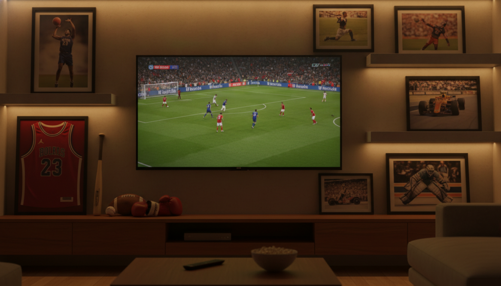 A vibrant image showcasing a diverse range of IPTV channels, specifically tailored for sports enthusiasts. In the foreground, feature a sleek modern living room setup with a large flat-screen TV displaying a thrilling live sports event. The middle layer should include elegantly arranged sports memorabilia, like jerseys and collector's items, adding context and excitement. In the background, softly lit shelves filled with framed images of iconic sports moments, such as football, basketball, and soccer action, create an engaging atmosphere. Utilize warm, inviting lighting to enhance the mood, with a slightly blurred focus on the background to keep the viewer's attention on the TV and memorabilia. The image should evoke a sense of excitement and camaraderie synonymous with sports viewing. A vibrant image showcasing a diverse range of IPTV channels, specifically tailored for sports enthusiasts. In the foreground, feature a sleek modern living room setup with a large flat-screen TV displaying a thrilling live sports event. The middle layer should include elegantly arranged sports memorabilia, like jerseys and collector's items, adding context and excitement. In the background, softly lit shelves filled with framed images of iconic sports moments, such as football, basketball, and soccer action, create an engaging atmosphere. Utilize warm, inviting lighting to enhance the mood, with a slightly blurred focus on the background to keep the viewer's attention on the TV and memorabilia. The image should evoke a sense of excitement and camaraderie synonymous with sports viewing.