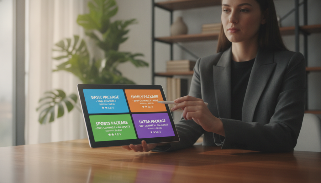 A visually engaging comparison of IPTV packages displayed on a sleek, modern digital interface. In the foreground, a large tablet shows vibrant tiles representing different IPTV service details, including features like channel variety, pricing, and customer ratings. The middle ground features a stylish office environment with a professional looking person in business attire analyzing the information on the tablet. The background is softly blurred, highlighting a contemporary workspace with plants and a bright window allowing natural light, creating a warm and inviting atmosphere. The image conveys a mood of professionalism and informed decision-making, with focus on clarity and organization in the presentation of IPTV options. A visually engaging comparison of IPTV packages displayed on a sleek, modern digital interface. In the foreground, a large tablet shows vibrant tiles representing different IPTV service details, including features like channel variety, pricing, and customer ratings. The middle ground features a stylish office environment with a professional looking person in business attire analyzing the information on the tablet. The background is softly blurred, highlighting a contemporary workspace with plants and a bright window allowing natural light, creating a warm and inviting atmosphere. The image conveys a mood of professionalism and informed decision-making, with focus on clarity and organization in the presentation of IPTV options.