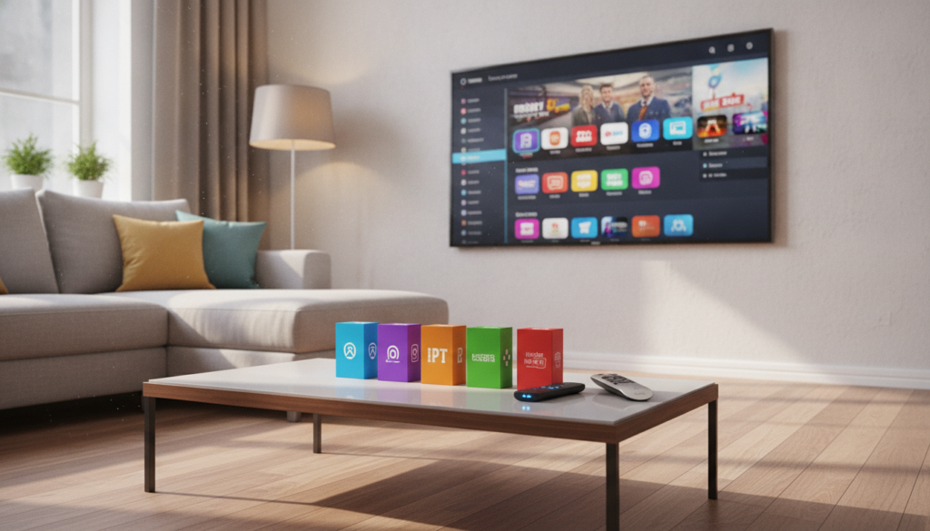 A visually engaging composition showcasing various IPTV packages in a modern living room setting. In the foreground, display an array of colorful IPTV subscription boxes neatly arranged on a sleek coffee table, with high-tech gadgetry like a streaming device and remote control beside them. The middle ground features a large flat-screen TV mounted on the wall, displaying a vibrant interface of streaming options with user-friendly icons. In the background, incorporate a stylish sofa with soft cushions, ambient lighting creating a warm, inviting atmosphere. Use natural light streaming in from a window, giving a cozy feel. The overall mood is informative and modern, aimed at illustrating the convenience of IPTV for home entertainment. A visually engaging composition showcasing various IPTV packages in a modern living room setting. In the foreground, display an array of colorful IPTV subscription boxes neatly arranged on a sleek coffee table, with high-tech gadgetry like a streaming device and remote control beside them. The middle ground features a large flat-screen TV mounted on the wall, displaying a vibrant interface of streaming options with user-friendly icons. In the background, incorporate a stylish sofa with soft cushions, ambient lighting creating a warm, inviting atmosphere. Use natural light streaming in from a window, giving a cozy feel. The overall mood is informative and modern, aimed at illustrating the convenience of IPTV for home entertainment.