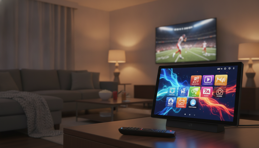 An artistic representation of an IPTV app interface displayed on an Nvidia Shield device, situated in a modern living room setting. In the foreground, focus on the sleek Nvidia Shield console with a vibrant screen showcasing colorful IPTV app icons, inviting viewers to explore. The middle layer features a stylish coffee table with a remote control, snacks, and a cozy sofa, enhancing the home entertainment vibe. The background reveals soft ambient lighting from lamps, creating a warm atmosphere, and a large TV screen on the wall, depicting a lively streaming scene. Use a wide-angle lens to capture the entire setup, emphasizing a comfortable, tech-savvy environment perfect for IPTV viewing. The mood is inviting and modern, reflecting the enjoyment of digital entertainment. An artistic representation of an IPTV app interface displayed on an Nvidia Shield device, situated in a modern living room setting. In the foreground, focus on the sleek Nvidia Shield console with a vibrant screen showcasing colorful IPTV app icons, inviting viewers to explore. The middle layer features a stylish coffee table with a remote control, snacks, and a cozy sofa, enhancing the home entertainment vibe. The background reveals soft ambient lighting from lamps, creating a warm atmosphere, and a large TV screen on the wall, depicting a lively streaming scene. Use a wide-angle lens to capture the entire setup, emphasizing a comfortable, tech-savvy environment perfect for IPTV viewing. The mood is inviting and modern, reflecting the enjoyment of digital entertainment.
