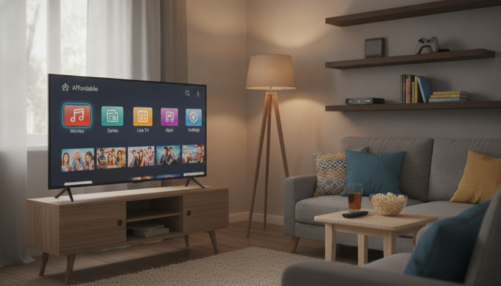 An inviting living room scene showcasing a budget-friendly IPTV setup. In the foreground, a sleek, modern flat-screen TV displays a user-friendly interface with various streaming options and icons. A comfortable sofa with decorative cushions sits nearby, complemented by a stylish side table holding a remote control and snacks. Middle of the scene features a cozy, well-lit environment with warm, ambient lighting, creating a welcoming atmosphere. In the background, shelves lined with tech gadgets and books add depth to the image. Soft natural light filters through a nearby window, enhancing the mood of relaxation and accessibility. The composition captures the essence of affordable entertainment solutions, emphasizing comfort and technology in a family-friendly setting.