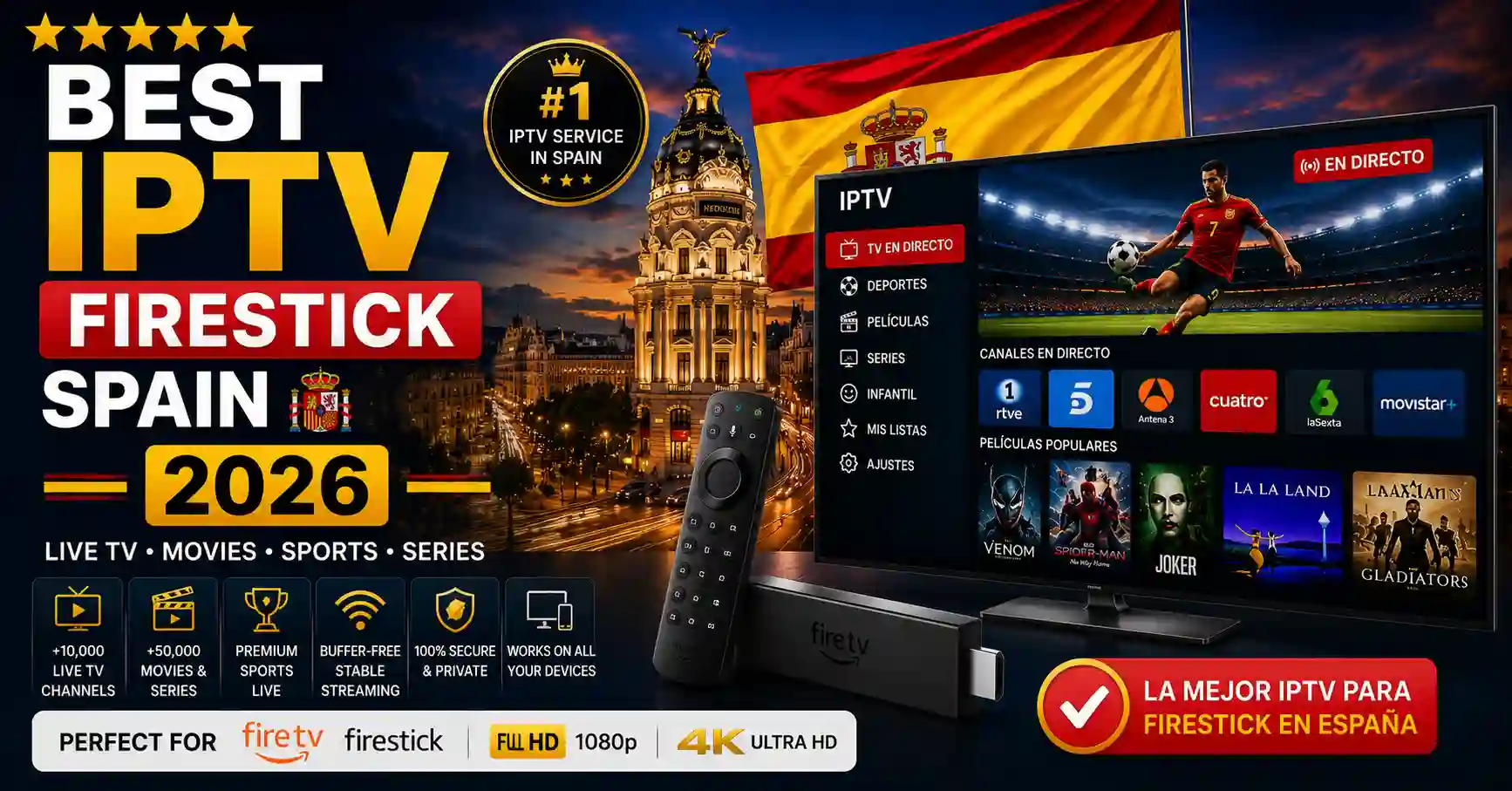 Best IPTV Firestick Spain 2026 with Spanish live TV, sports, movies, series, and Firestick compatibility