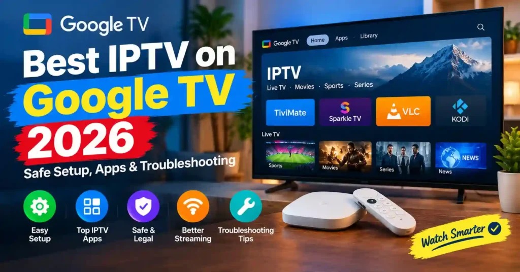 Best IPTV on Google TV 2026 showing Google TV device, IPTV apps, safe setup, streaming, and troubleshooting features