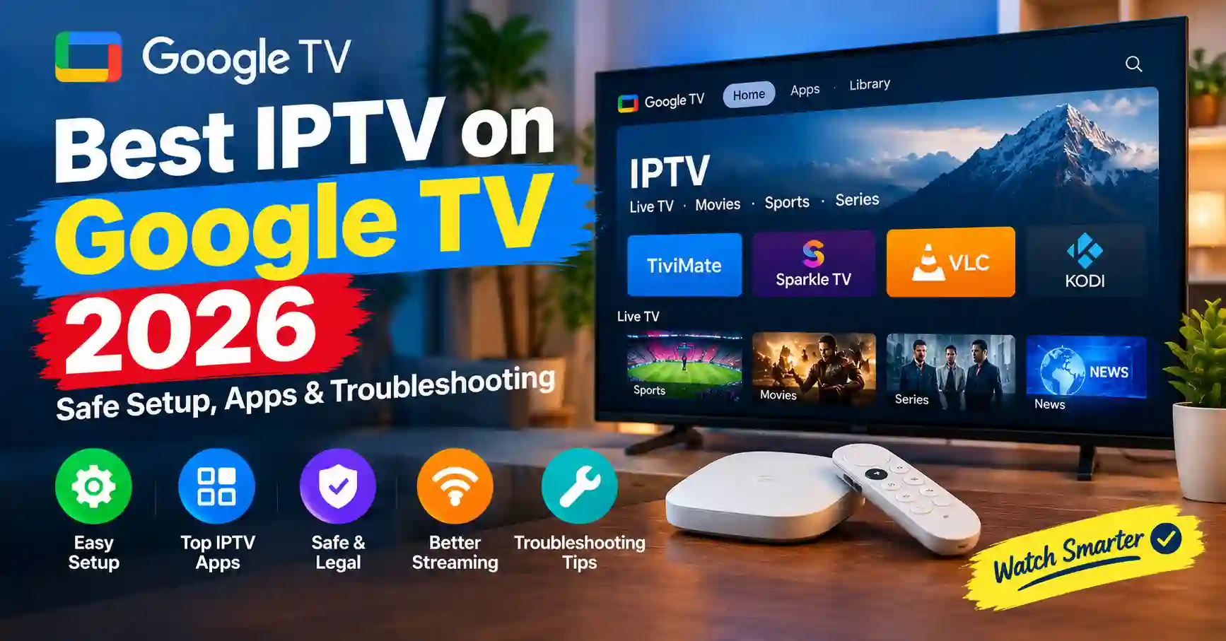 Best IPTV on Google TV 2026 showing Google TV device, IPTV apps, safe setup, streaming, and troubleshooting features