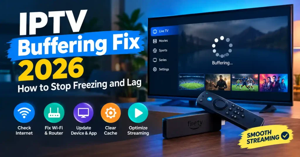 IPTV buffering fix 2026 showing a Fire TV Stick, buffering screen, Wi-Fi router, and streaming troubleshooting tips