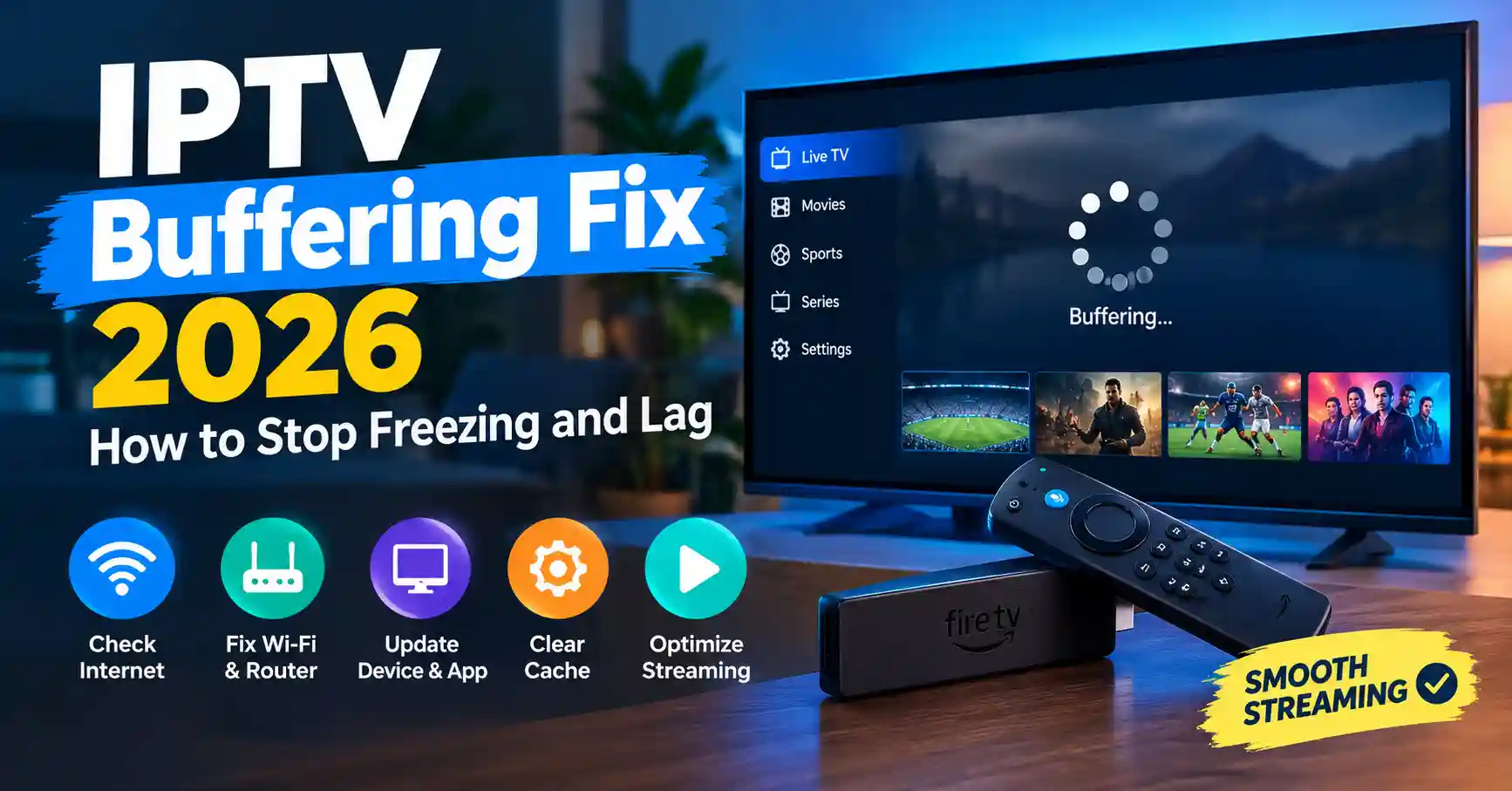 IPTV buffering fix 2026 showing a Fire TV Stick, buffering screen, Wi-Fi router, and streaming troubleshooting tips