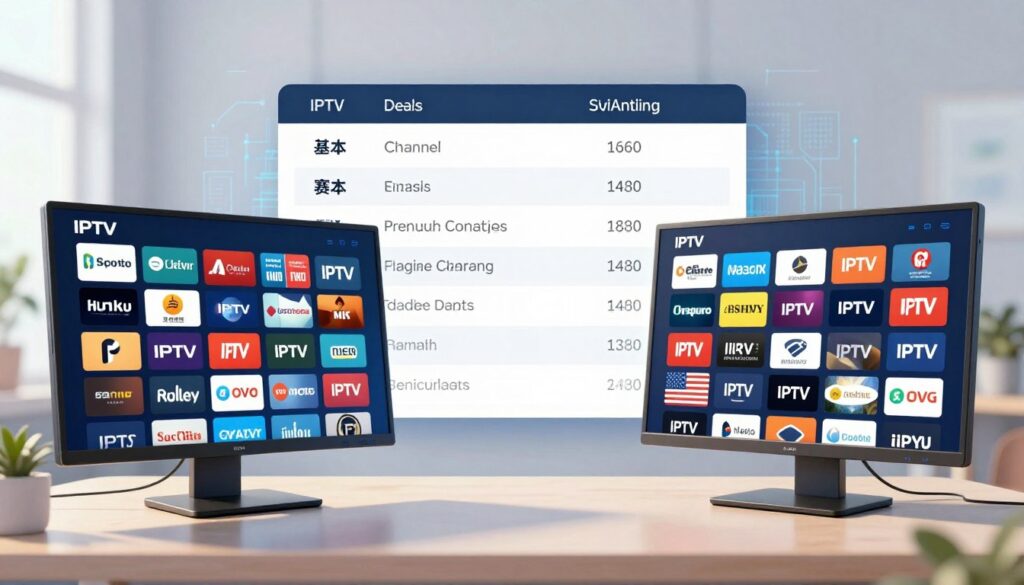 A detailed digital illustration showing a side-by-side comparison of IPTV channel lineups, designed for a professional audience. In the foreground, display two sleek digital screens representing different IPTV subscription services, each showcasing a vibrant array of popular channels. In the middle, include an organized table or chart with clearly marked options for basic channels, premium selections, and regional variations, symbolizing various deals available. In the background, create a subtle gradient of tech-inspired patterns to suggest a modern digital environment. The lighting should be bright and balanced, mimicking an office space with natural light, conveying a mood of clarity and professionalism, with a focus on analytical comparison.