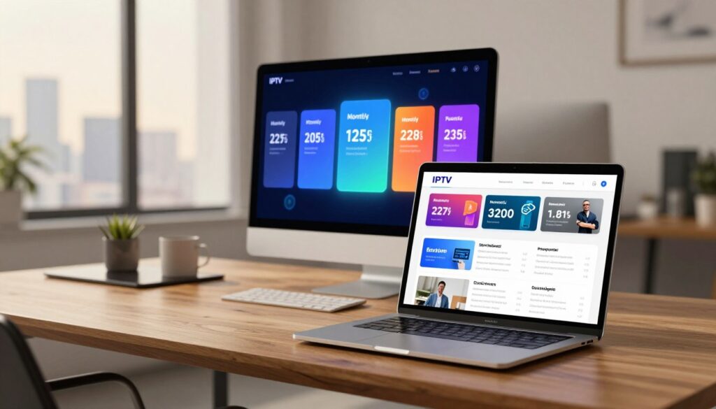A modern digital display showcasing various IPTV subscription plans, prominently featuring colorful chart-like graphics that illustrate the monthly pricing of different packages. In the foreground, a sleek tablet or laptop screen shows a simulated user interface with various monthly prices and features of IPTV providers, reflecting a contemporary tech aesthetic. In the middle ground, a professional office setting with a polished wooden desk, minimalistic decor, and soft, natural lighting that enhances a warm and inviting atmosphere. The background includes a blurred view of a city skyline through a large window, signifying urban living. The overall mood is informative and engaging, aiming to attract tech-savvy consumers interested in cord-cutting options.