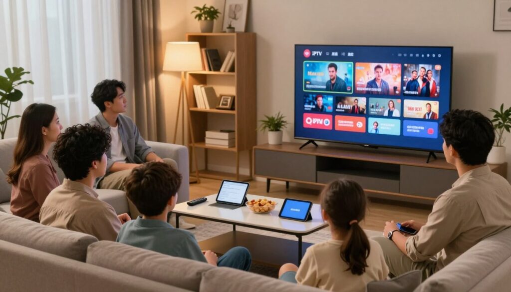 A modern living room setting showcasing a family engaged in live television streaming. In the foreground, a diverse family of four—two adults, one teenager, and a young child—are comfortably seated on a sleek couch, all wearing casual but tidy clothing, focused on a large flat-screen TV displaying vibrant streaming content. In the middle ground, a stylish coffee table is adorned with a remote control, snacks, and devices like a tablet and a smartphone. The background features warm ambient lighting from lamps softly illuminating the room, with a bookshelf filled with entertainment options and plants adding a cozy touch. The overall mood is relaxed and inviting, emphasizing the enjoyment of home entertainment and IPTV subscription offers.