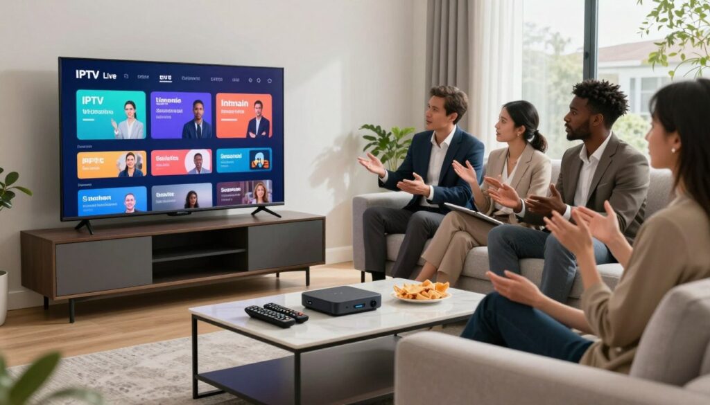 A modern living room setting with a sleek flat-screen TV displaying vibrant content, symbolizing US live TV streaming. In the foreground, a stylish coffee table holds remote controls and snacks, creating a casual yet inviting atmosphere. In the middle, a comfortable sofa faces the TV, where a diverse group of individuals, dressed in professional business attire, are engaged in a lively discussion about IPTV subscription offers, showcasing different streaming devices. The background features a window with soft, natural light illuminating the space, hinting at a suburban home environment. The mood is dynamic and collaborative, reflecting the excitement of exploring streaming options tailored for US viewers.