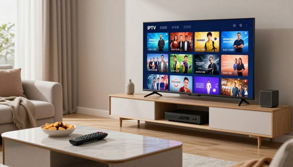 A modern living room with a sleek television prominently displaying a vibrant selection of live television channels, including sports, movies, and news, all presented in clear graphics. In the foreground, an elegant coffee table is adorned with a remote control and snacks, enhancing the cozy atmosphere. In the middle, a comfortable sofa invites relaxation, with soft cushions and a throw blanket. In the background, a subtle hint of a window with natural light streaming in creates a warm and inviting mood. A stylish entertainment unit houses various media devices, showcasing the user-friendly connectivity options of an IPTV service. The scene is well-lit and visually engaging, capturing the essence of an affordable and diverse IPTV subscription experience without any text or distractions.