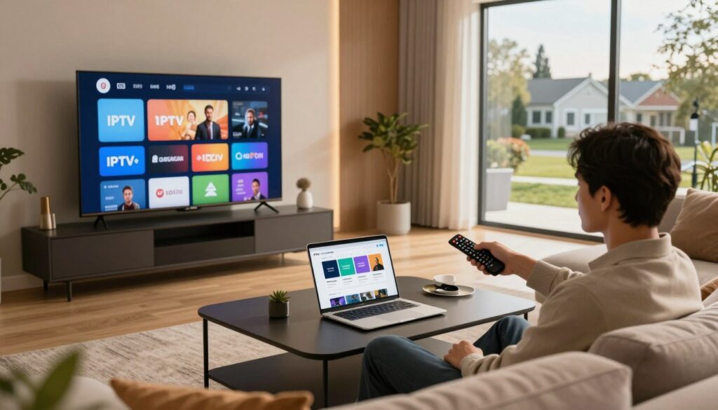 A modern, stylish living room with a sleek TV showing various streaming icons symbolizing affordable IPTV options. In the foreground, a young professional wearing casual business attire sits comfortably on a plush couch, holding a remote control and engaging with the screen. The middle layer features an inviting coffee table with a laptop open to a user-friendly IPTV comparison website, displaying affordable subscription plans. Soft, warm lighting creates a cozy atmosphere, highlighting the richness of the room's decor. In the background, large windows let in natural light, revealing a scenic view of a suburban neighborhood. The scene conveys a sense of comfort and accessibility, perfect for US cord cutters exploring budget-friendly entertainment options.