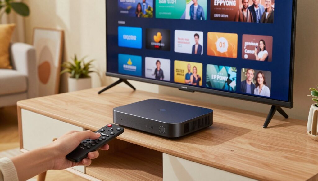 A sleek living room setting featuring a modern streaming device prominently displayed on a stylish entertainment center. In the foreground, a hand connects a remote control to the streaming device, showcasing user interaction. The middle ground reveals a large flat-screen TV displaying various IPTV app icons, hinting at the diversity of content available. The background features a cozy, inviting couch and decorative elements like plants and artwork, creating a warm atmosphere. Soft, ambient lighting enhances the scene, giving it a relaxed vibe suitable for family viewing. The camera angle is slightly above eye level, focusing on the device and screen, ensuring clarity in details while maintaining a pleasing composition.