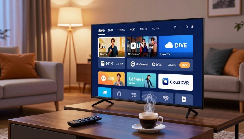 A sleek, modern electronic program guide displayed on a flat-screen TV in a cozy living room setting. The TV screen showcases a vibrant interface featuring various streaming plan options, with icons and details clearly visible, highlighting subscription features like live TV, on-demand content, and cloud DVR. In the foreground, a stylish coffee table holds a remote control and a steaming cup of coffee, creating a welcoming atmosphere. The middle ground includes a plush sofa with colorful cushions, while the background captures warm, ambient lighting from floor lamps, enhancing the mood of relaxation and leisure. The scene is shot from a slightly elevated angle to reveal both the TV and the inviting living space.